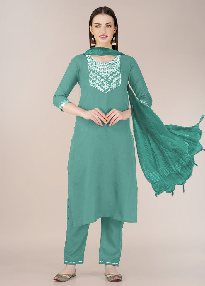 3 Pc Teal Readymade Cotton Suit Set Clearance Newest