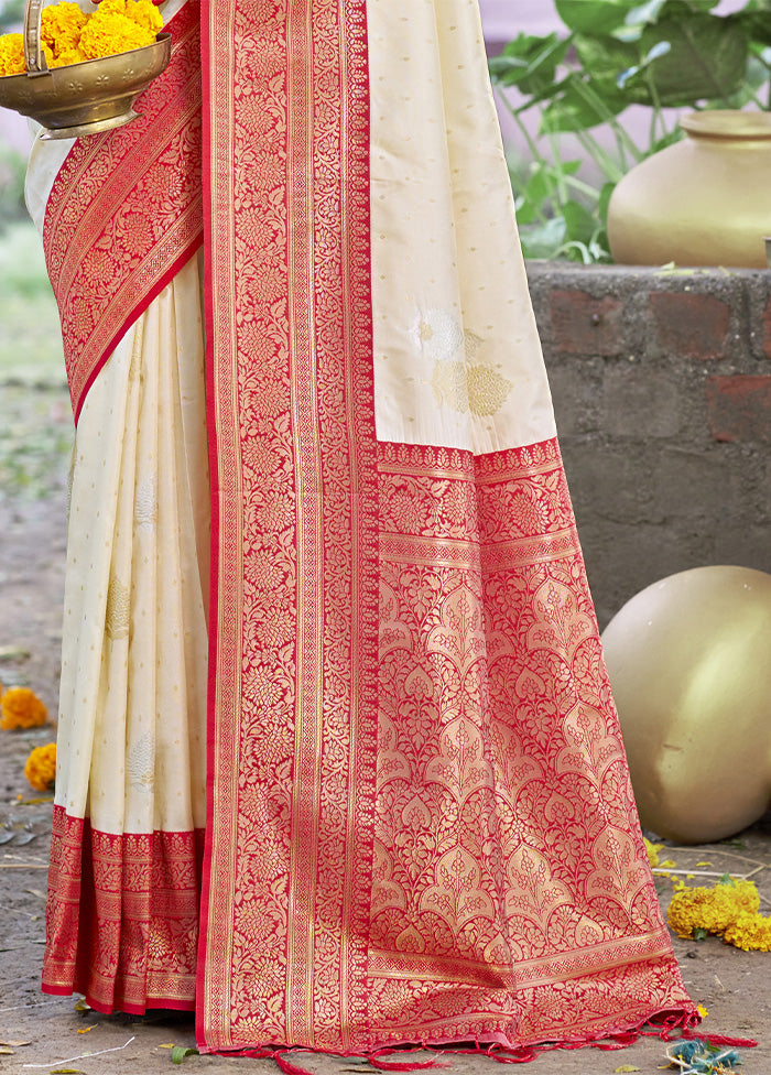 Cream Dupion Silk Saree With Blouse Piece Discount Shop