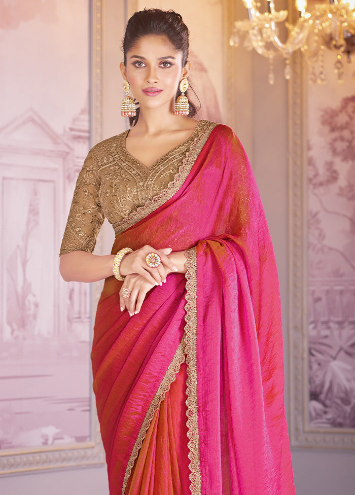 Pink Chiffon Silk Saree With Blouse Piece 100% Authentic For Sale