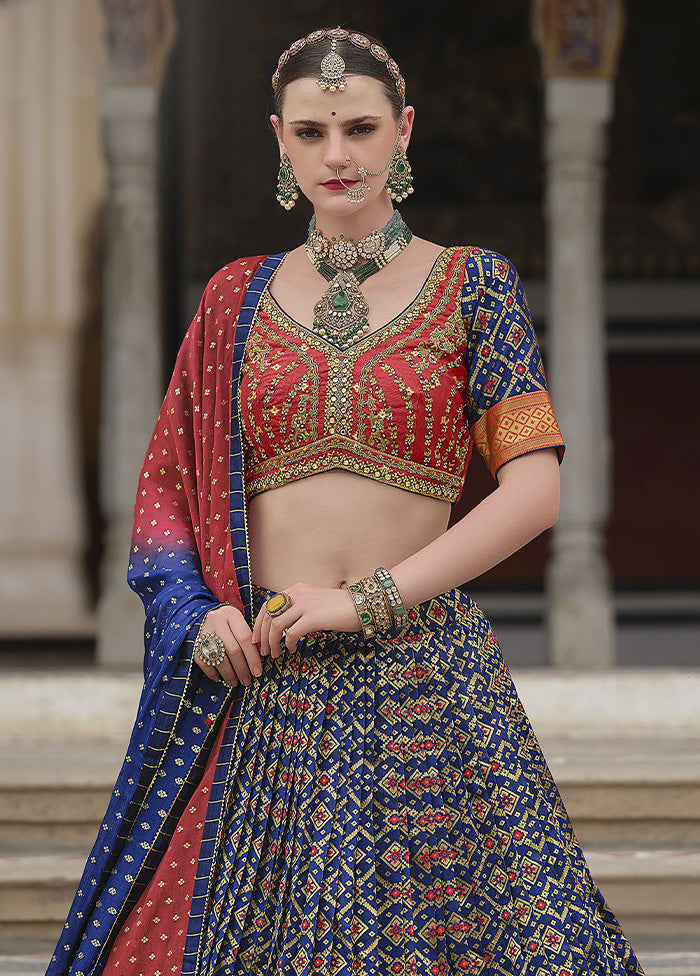 3 Pc Blue Silk Semi Stitched Lehenga Set Sale Fast Delivery