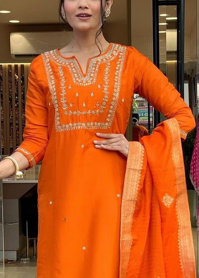 3 Pc Orange Readymade Viscose Dupatta Suit Set Store Sale Online