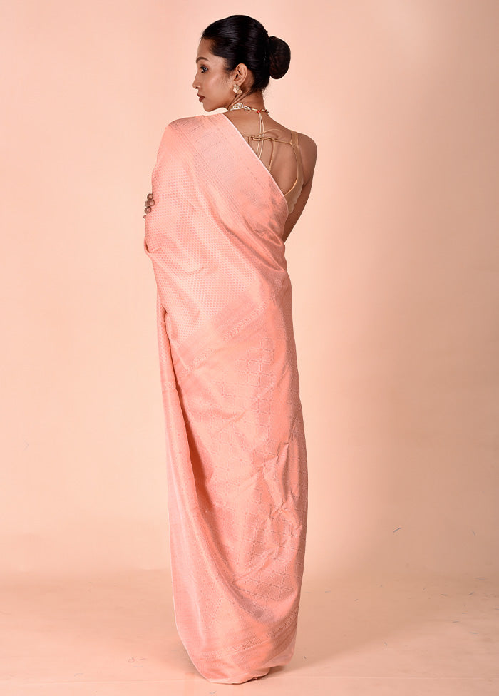 Peach Handloom Kanjivaram Pure Silk Saree With Blouse Piece Low Pice For Sale