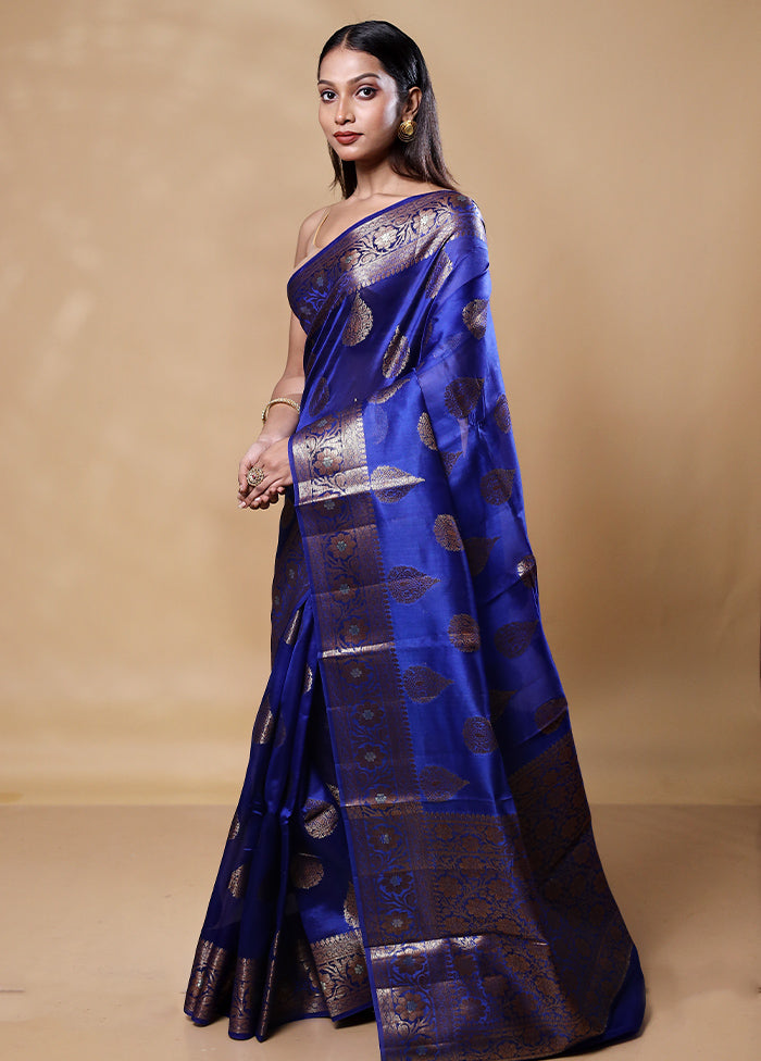 Blue Dupion Silk Saree With Blouse Piece For Sale Online