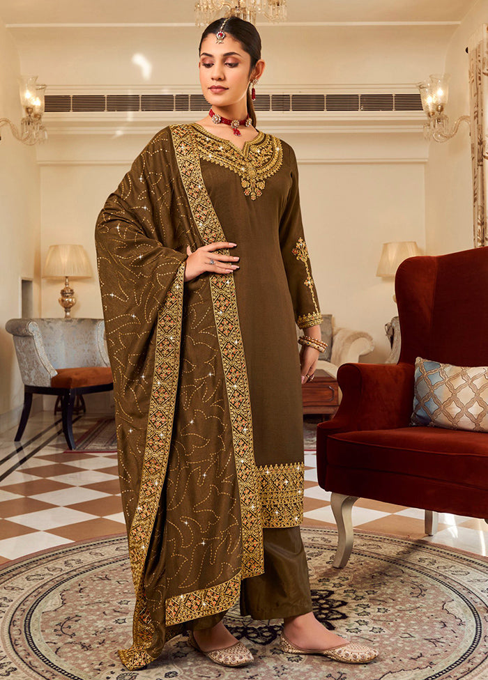 3 Pc Brown Pure Semi Stitched Silk Suit Set Low Pice