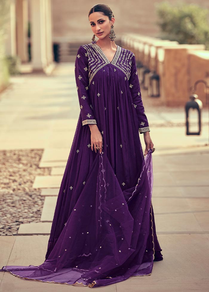 3 Pc Purple Semi Stitched Silk Suit Set Cheap Sale Many Kinds Of