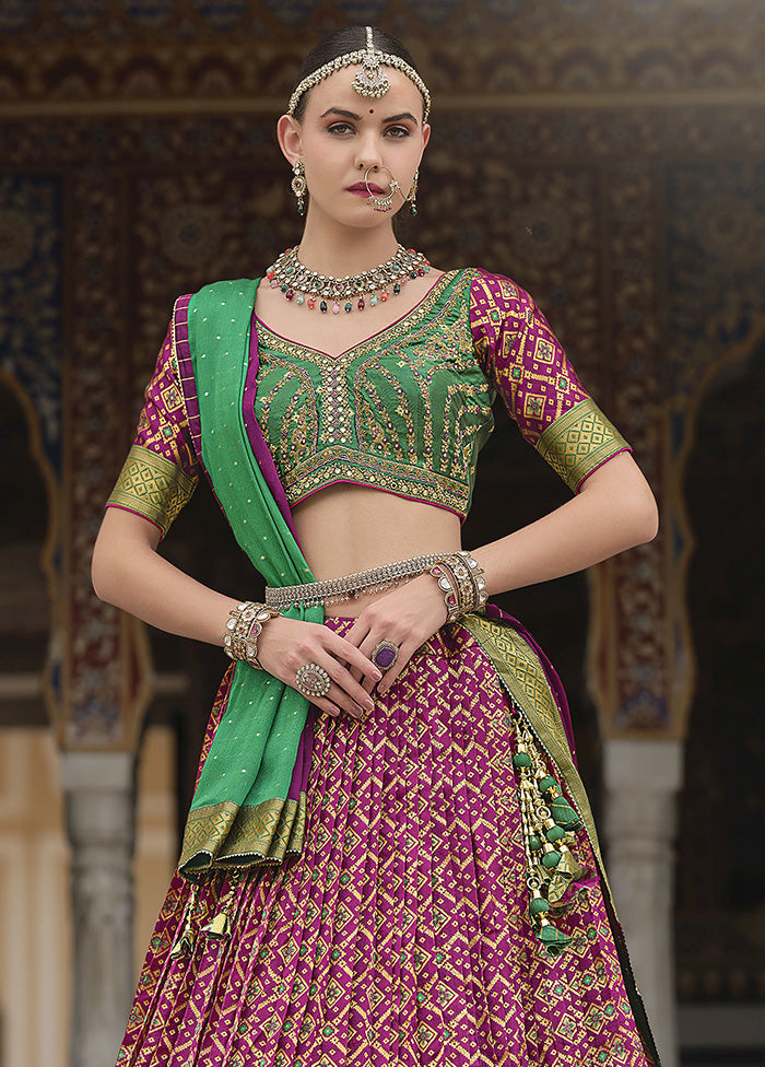 3 Pc Magenta Silk Semi Stitched Lehenga Set Outlet Official