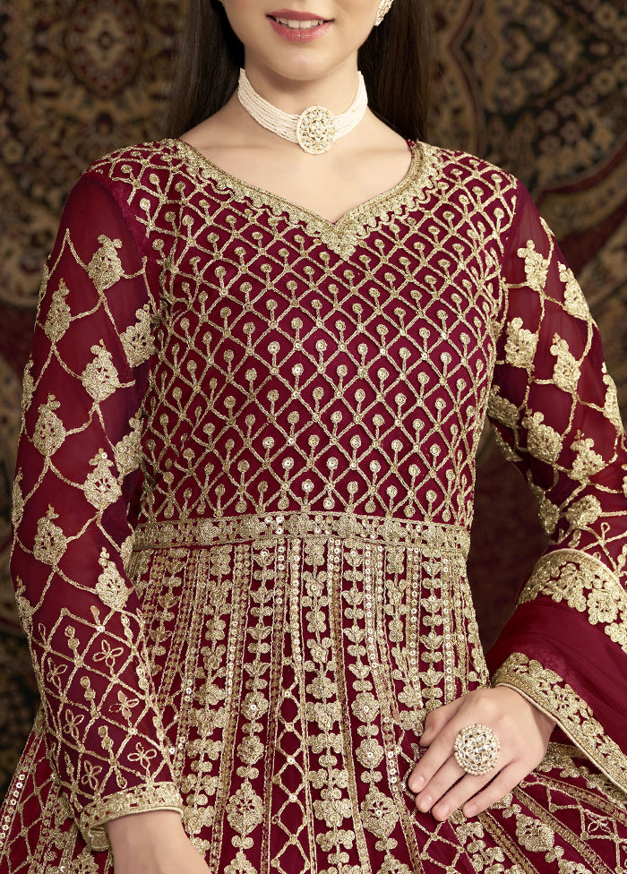 Maroon Semi Stitched Net Dupatta Indian Dress Sale Huge Surprise