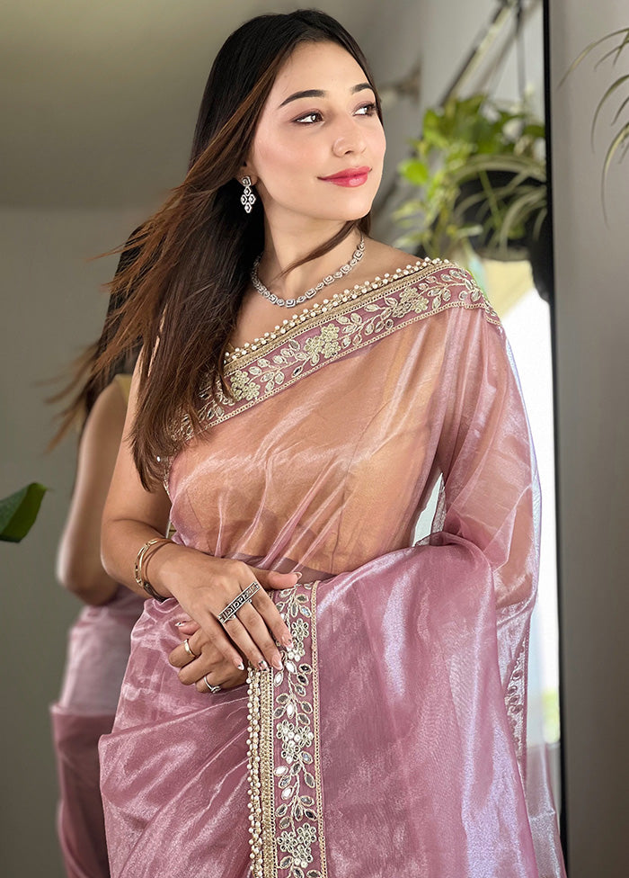 Pink Spun Silk Saree With Blouse Piece With Credit Card Cheap Pice