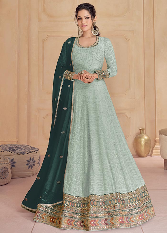 3 Pc Mint Green Semi Stitched Georgette Suit Set Low Pice Fee Shipping Sale Online