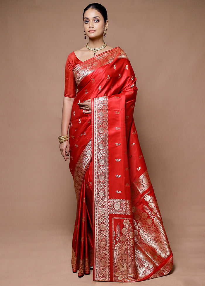 Red Banarasi Silk Saree With Blouse Piece Clearance Cheap Real