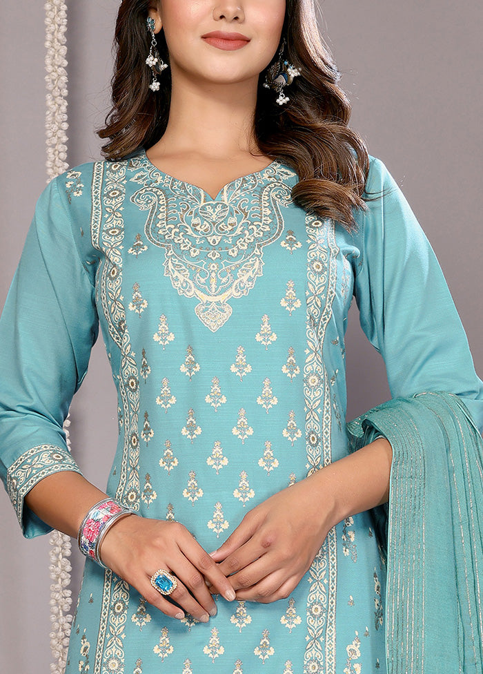 3 Pc Turquoise Blue Readymade Cotton Suit Set Deals Cheap Pice