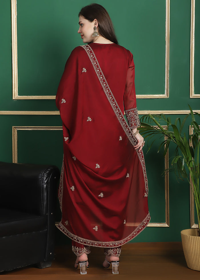 3 Pc Red Unstitched Georgette Suit Set Online Online High Quality