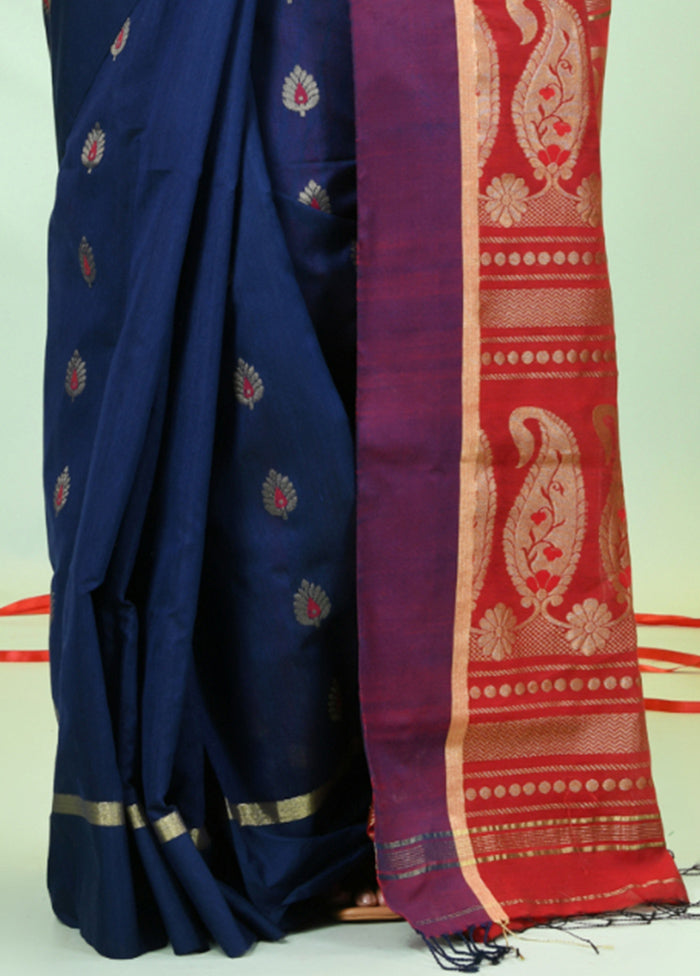 Navy Blue Pure Cotton Saree With Blouse Piece Cheap High Quality