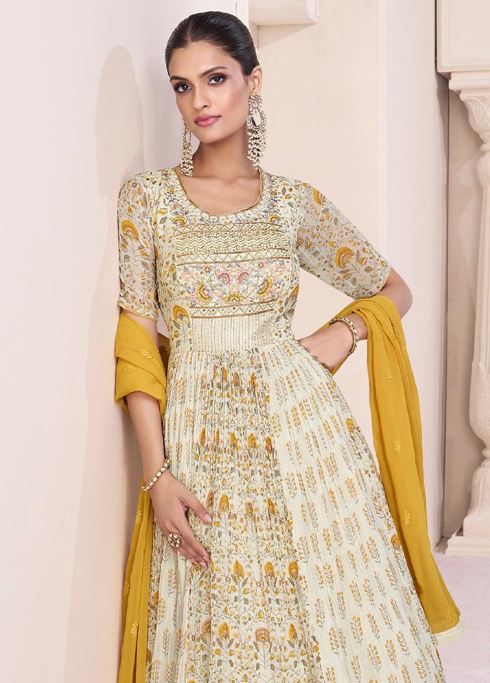 3 Pc Off White Semi Stitched Georgette Suit Set Official Site