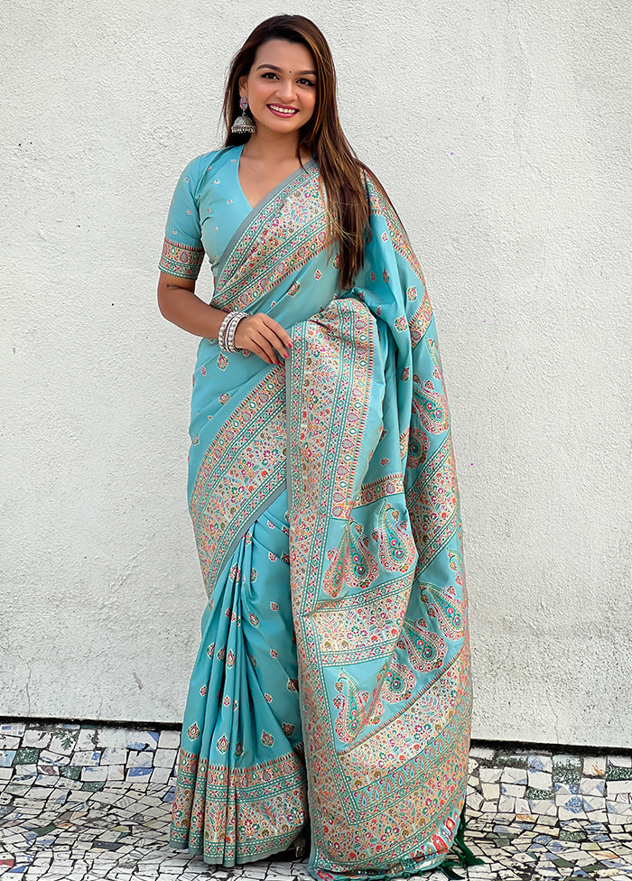 Blue Pasmina Silk Saree With Blouse Piece Outlet Fashion Style