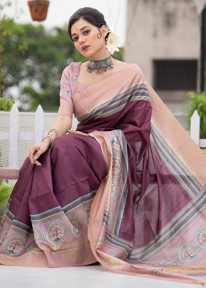 Wine Tussar Silk Saree With Blouse Piece Cheap Sale Marketable