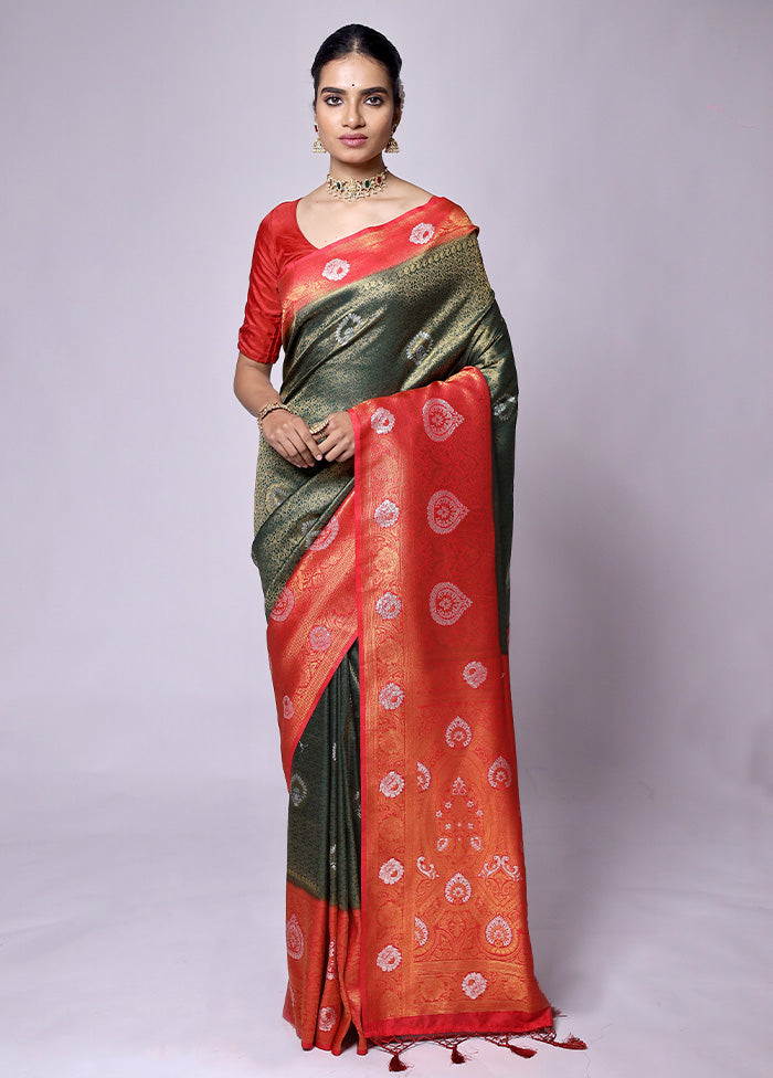 Green Dupion Silk Saree With Blouse Piece Marketable