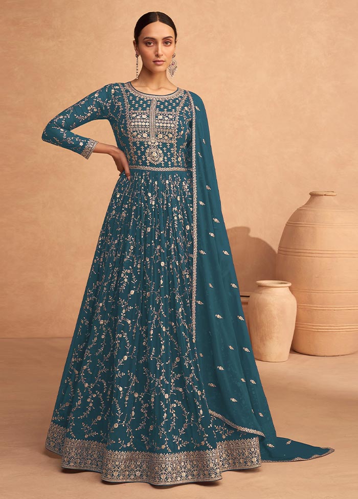 3 Pc Teal Semi Stitched Georgette Suit Set With Paypal Low Pice