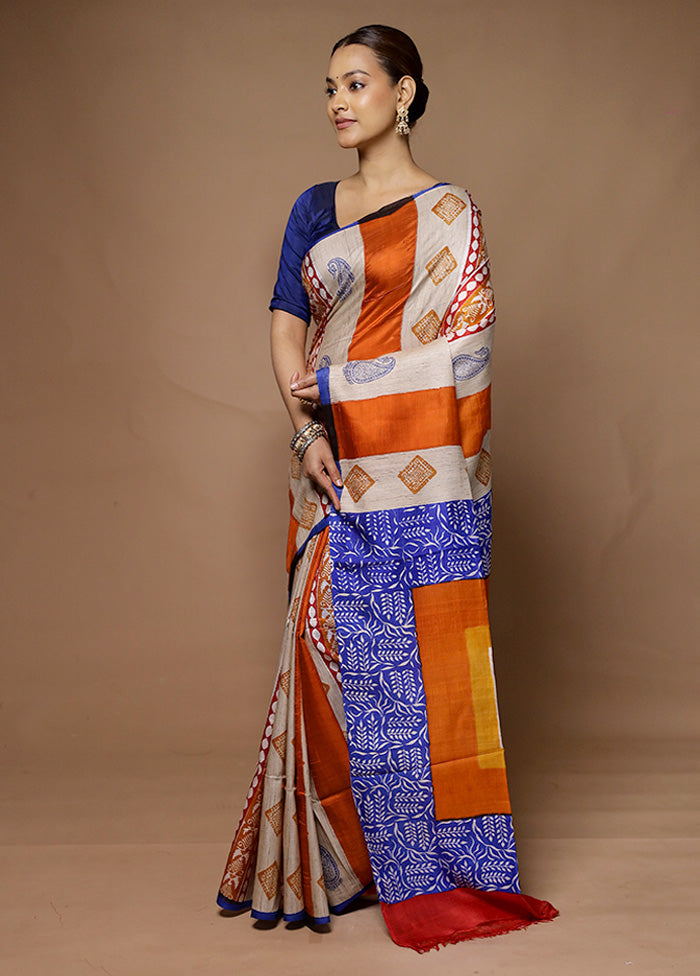 Cream Printed Pure Silk Saree Without Blouse Piece 2025 New Cheap Pice