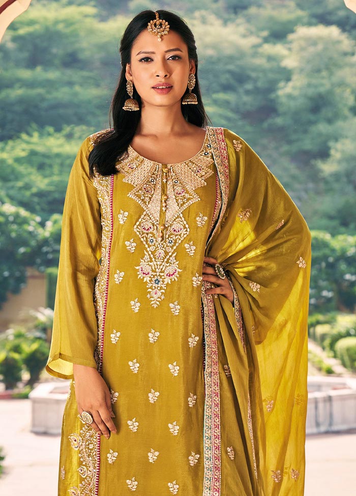 3 Pc Yellow Semi Stitched Silk Suit Set Outlet Low Pice