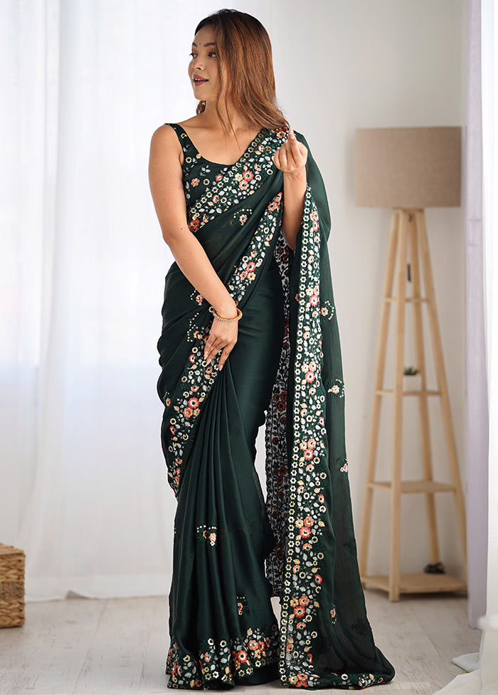 Green Satin Silk Saree With Blouse Piece Really Cheap Shoes Online