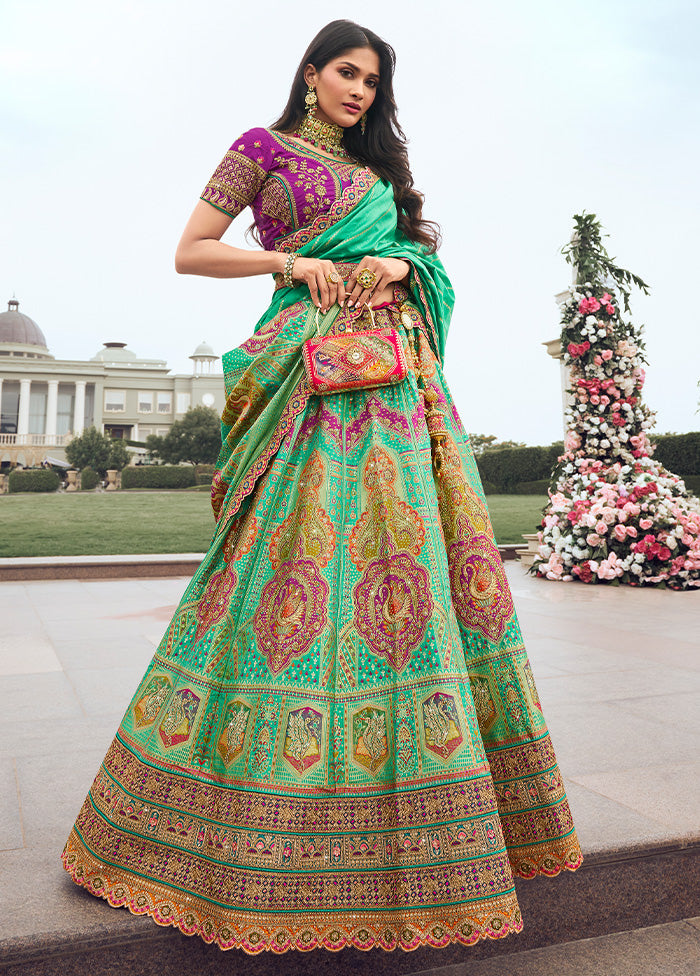 3 Pc Green Silk Semi Stitched Lehenga Set Supply Sale Online