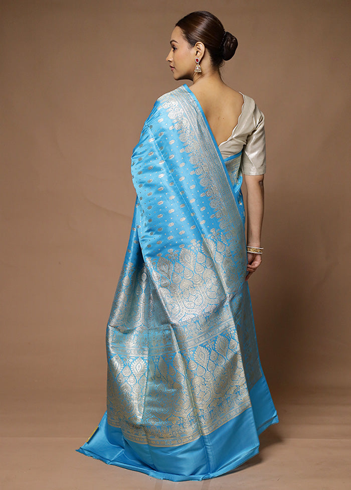 Blue Handloom Banarasi Pure Silk Saree With Blouse Piece Outlet Deals