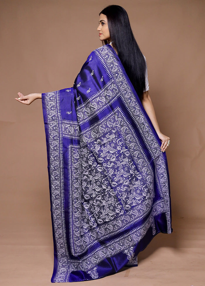 Blue Handloom Kantha Stitch Pure Silk Saree With Blouse Piece Low Pice Fee Shipping Cheap Online