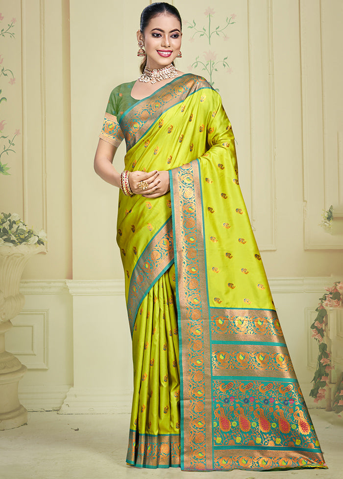 Parrot Green Dupion Silk Saree With Blouse Piece Cheap Sale Collections