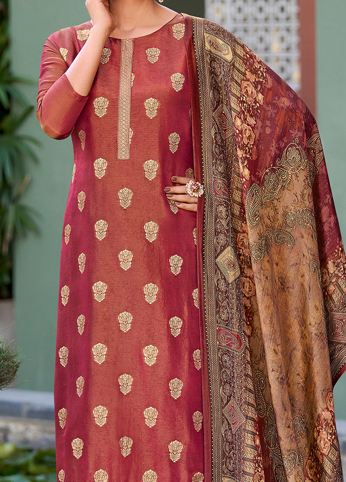 3 Pc Maroon Unstitched Pure Silk Suit Set High Quality For Sale