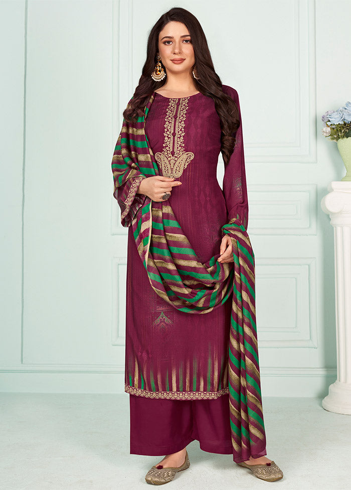 3 Pc Burgundy Unstitched Silk Suit Set Big Discount For Sale