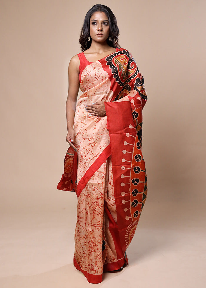 Orange Printed Pure Silk Saree Without Blouse Piece Get To Buy