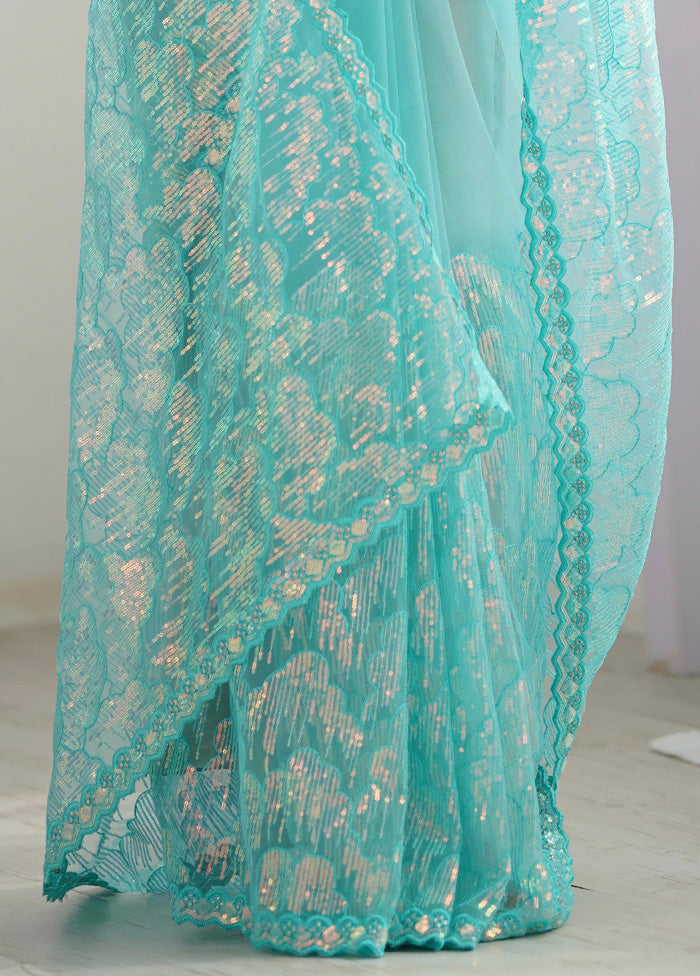 Sky Blue Net Net Saree With Blouse Piece Outlet Amazon