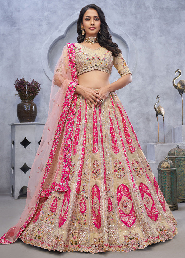 3 Pc Beige Silk Semi Stitched Lehenga Set Outlet Cheap Pice