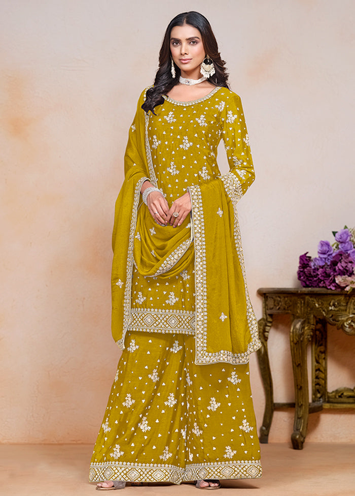 3 Pc Yellow Semi Stitched Silk Suit Set Fashionable Sale Online