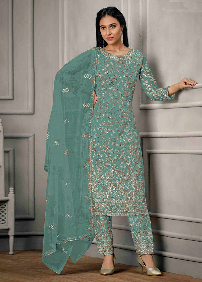 3 Pc Sea Green Semi Stitched Net Suit Set With Credit Card For Sale