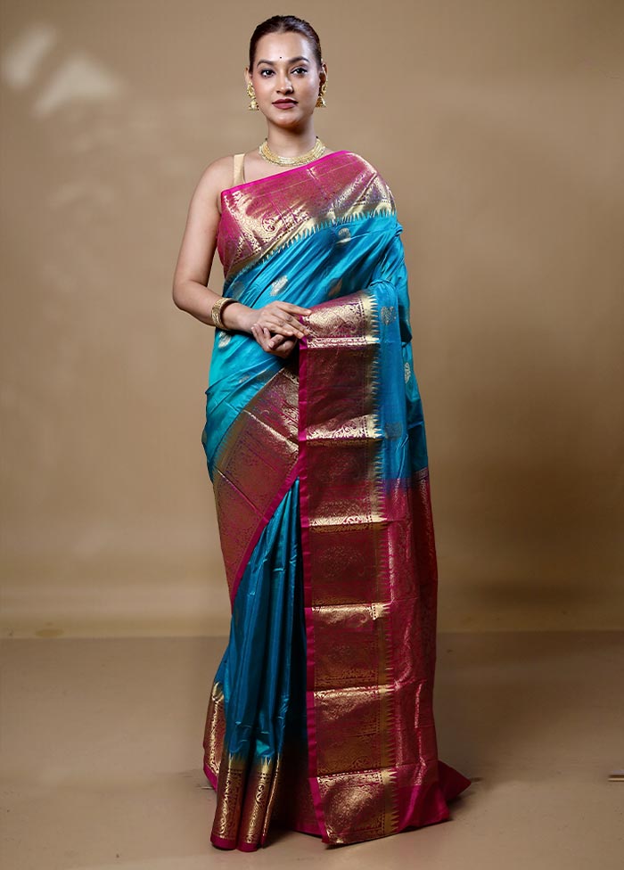 Blue Handloom Kanjivaram Pure Silk Saree With Blouse Piece Best Place Sale Online