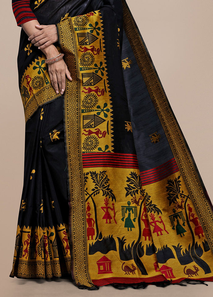 Black Spun Silk Saree With Blouse Piece Lowest Pice