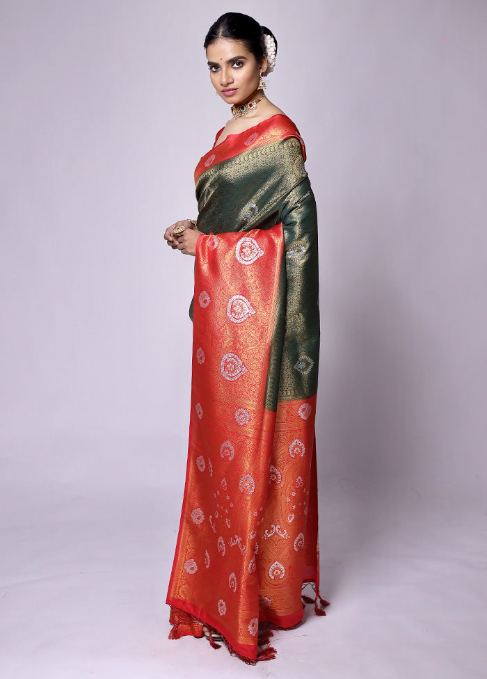 Green Dupion Silk Saree With Blouse Piece Marketable