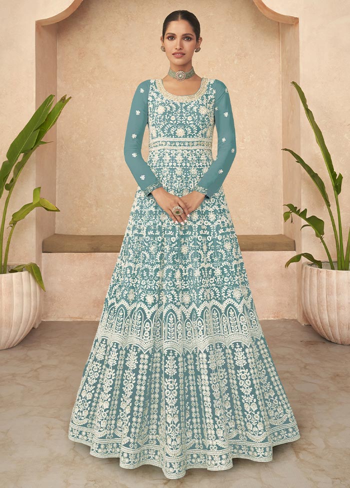 3 Pc Sky Blue Semi Stitched Georgette Suit Set Cheap Pice Buy Discount