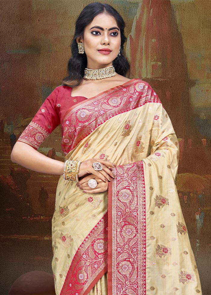 Beige Dupion Silk Saree With Blouse Piece Cheap Sale Explore