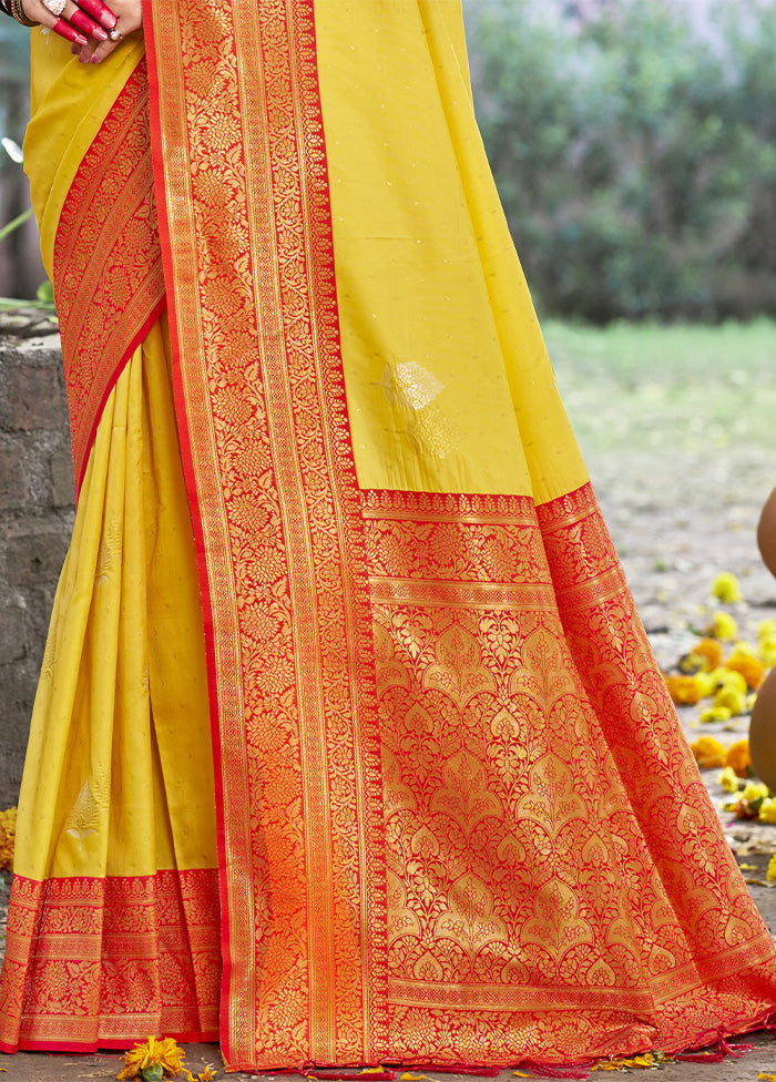 Yellow Dupion Silk Saree With Blouse Piece Outlet Manchester