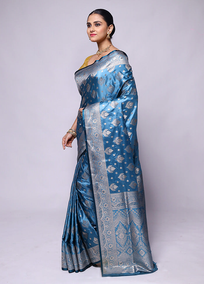 Blue Banarasi Silk Saree With Blouse Piece Clearance Low Pice