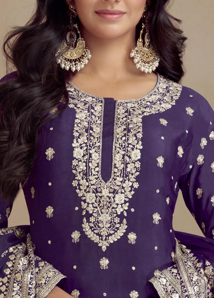 3 Pc Purple Semi Stitched Silk Suit Set Cheap Best Store To Get