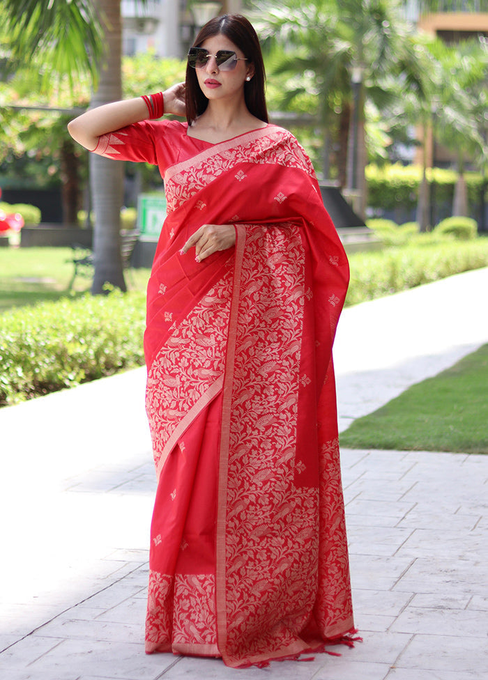 Red Spun Silk Saree With Blouse Piece Cheap Sale Big Sale