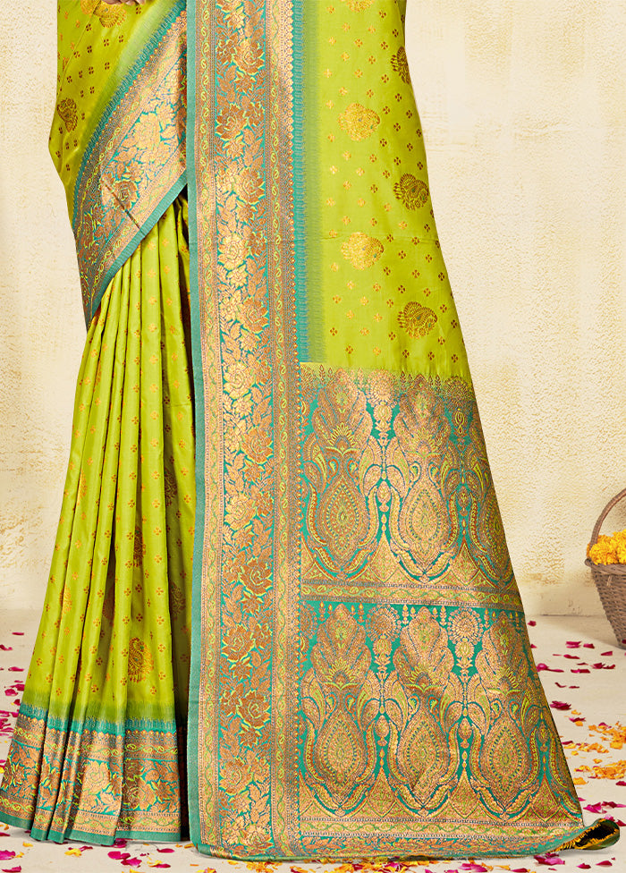 Parrot Green Dupion Silk Saree With Blouse Piece Discount Newest