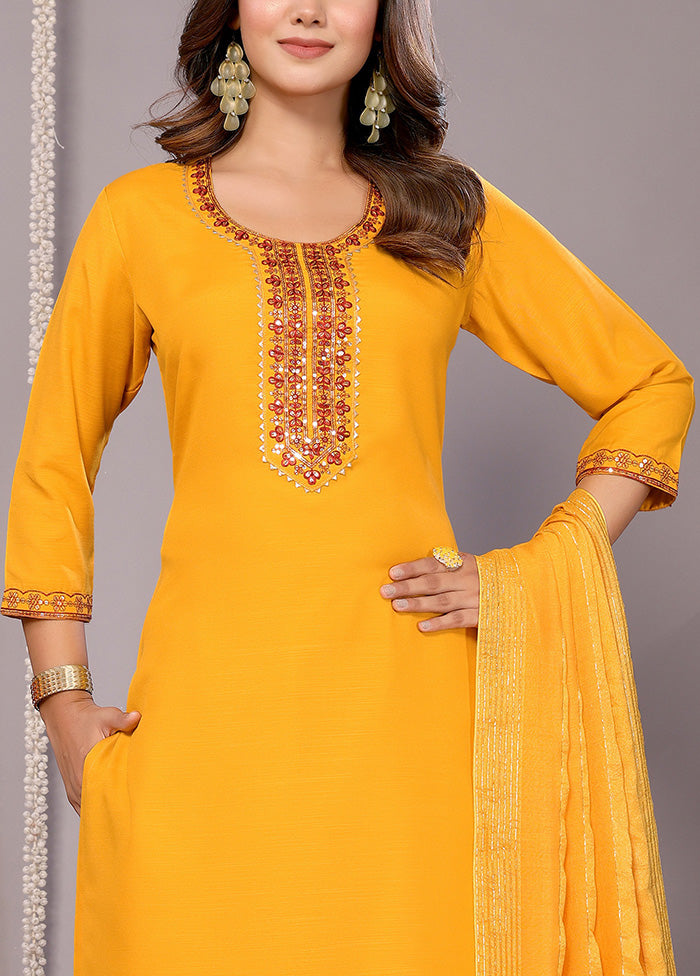 3 Pc Mustard Readymade Cotton Suit Set Popular