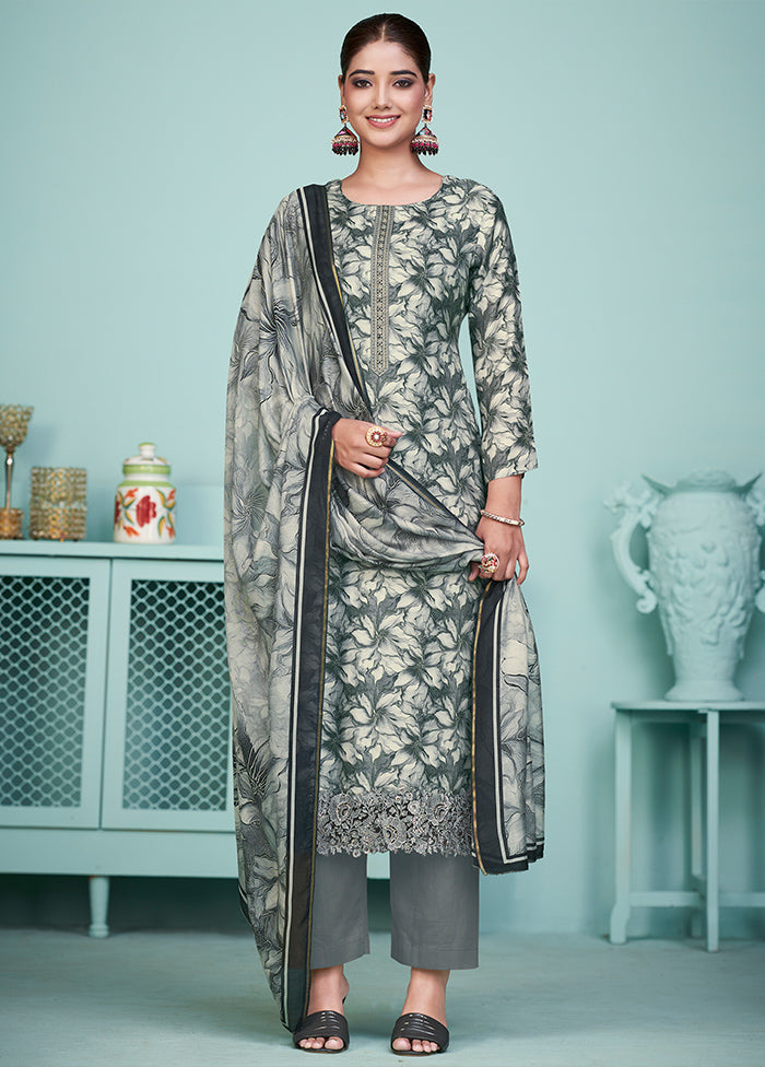 3 Pc Grey Unstitched Silk Suit Set On Hot Sale