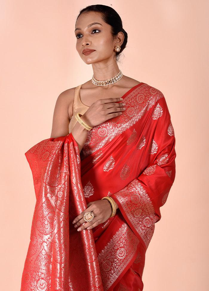 Red Banarasi Silk Saree With Blouse Piece Fashionable