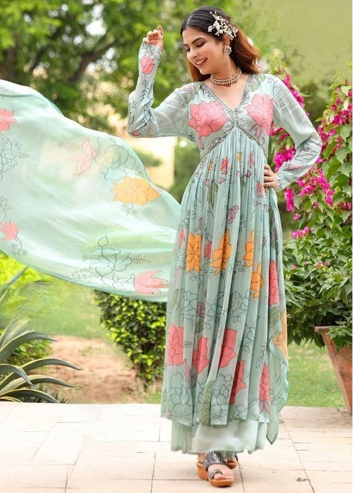 3 Pc Sky Blue Readymade Georgette Suit Set Discount Low Cost